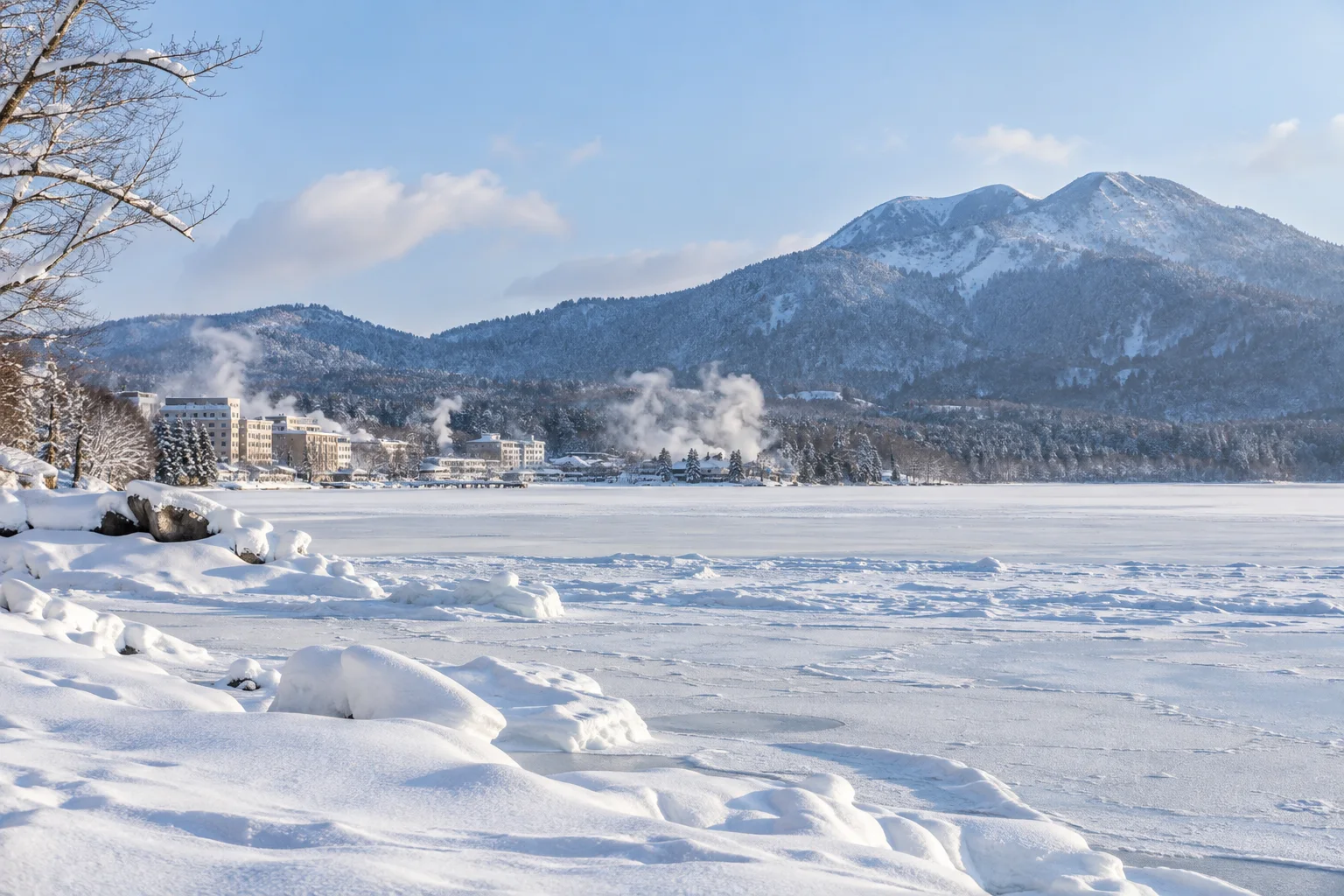 阿寒湖冬季雪岸與溫泉街