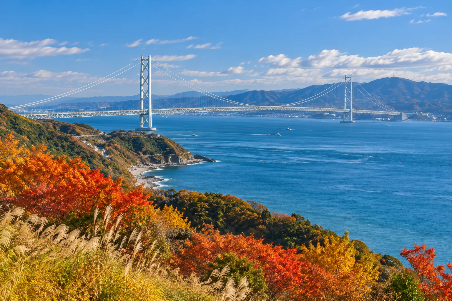 淡路島海岸與明石海峽大橋秋景