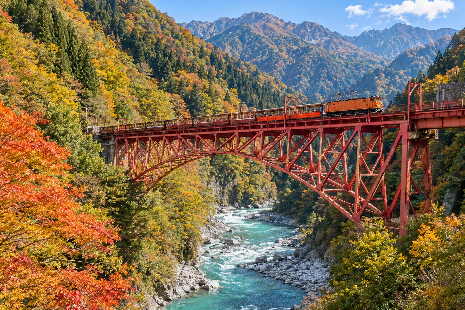 黑部峽谷鐵道與紅色鐵橋秋景
