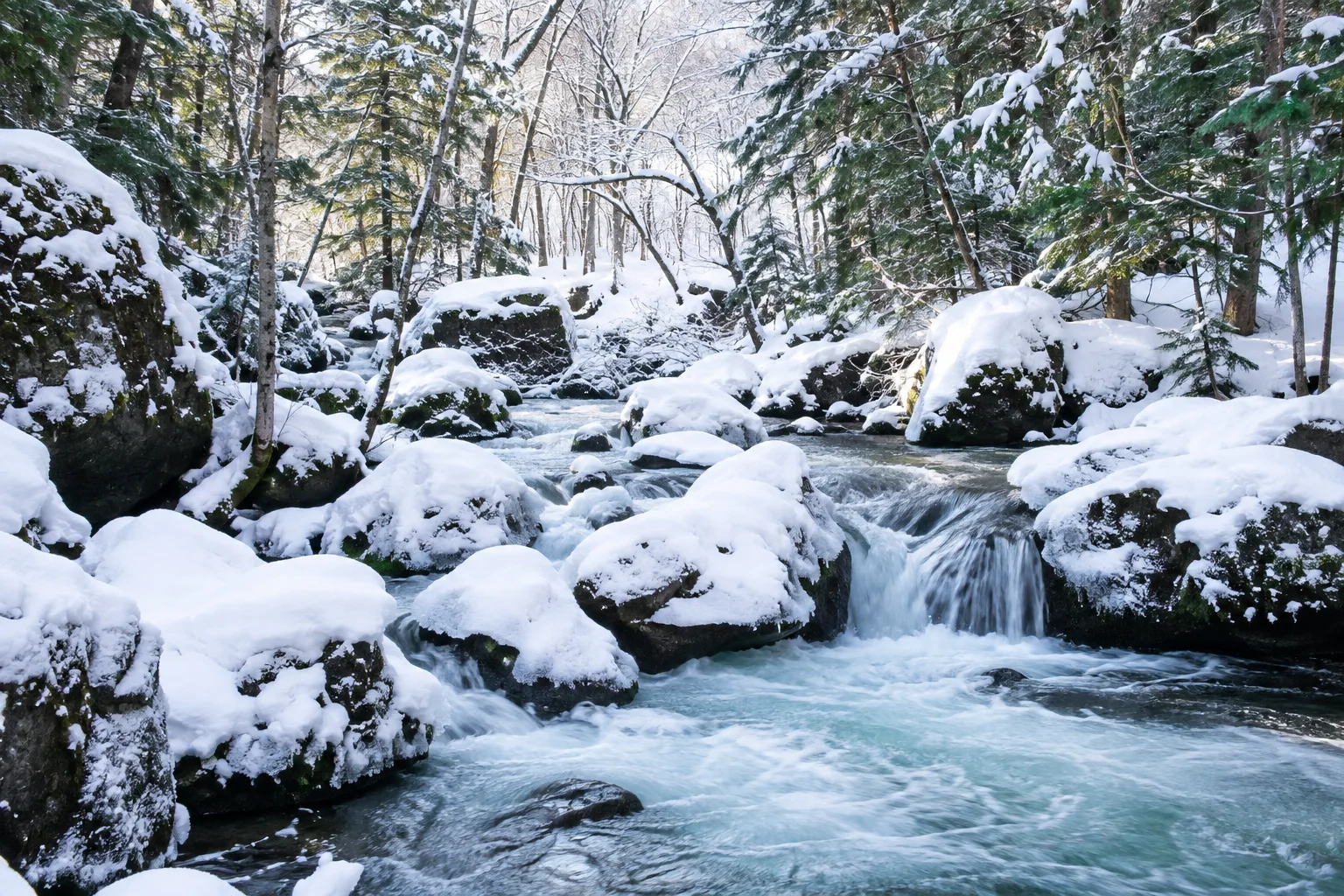 青森奧入瀨溪流的冬季雪景
