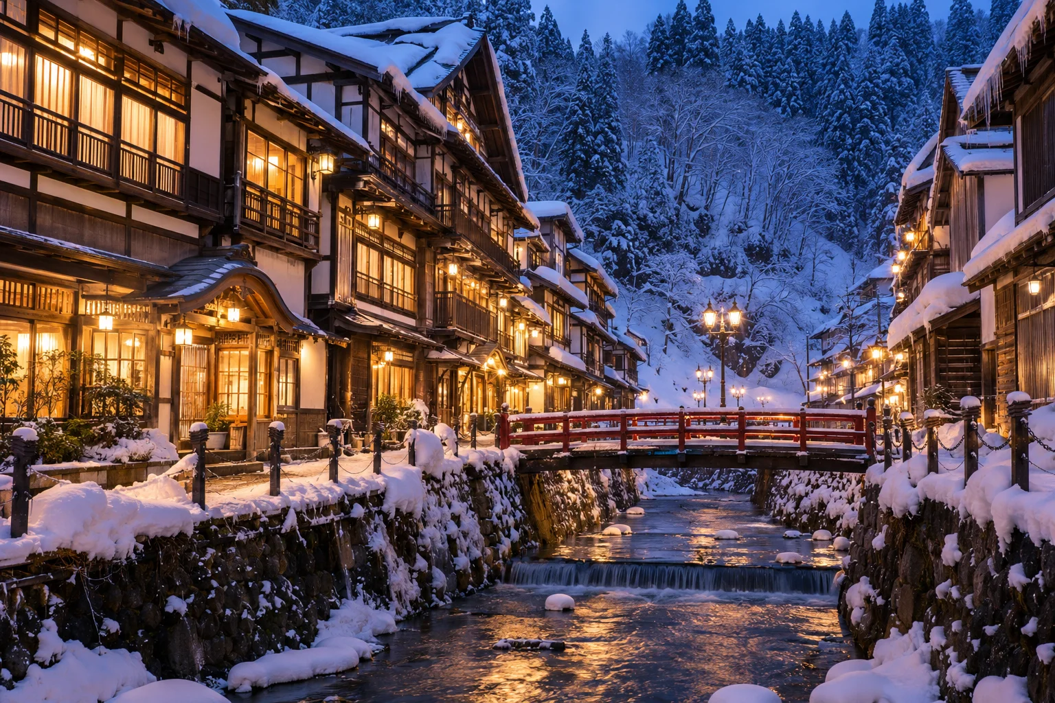山形銀山溫泉的雪夜木造旅館與紅橋