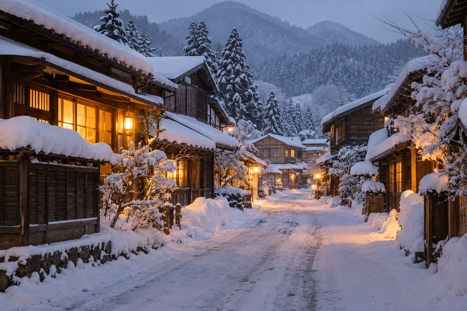 青森冬日積雪村街與木造民居