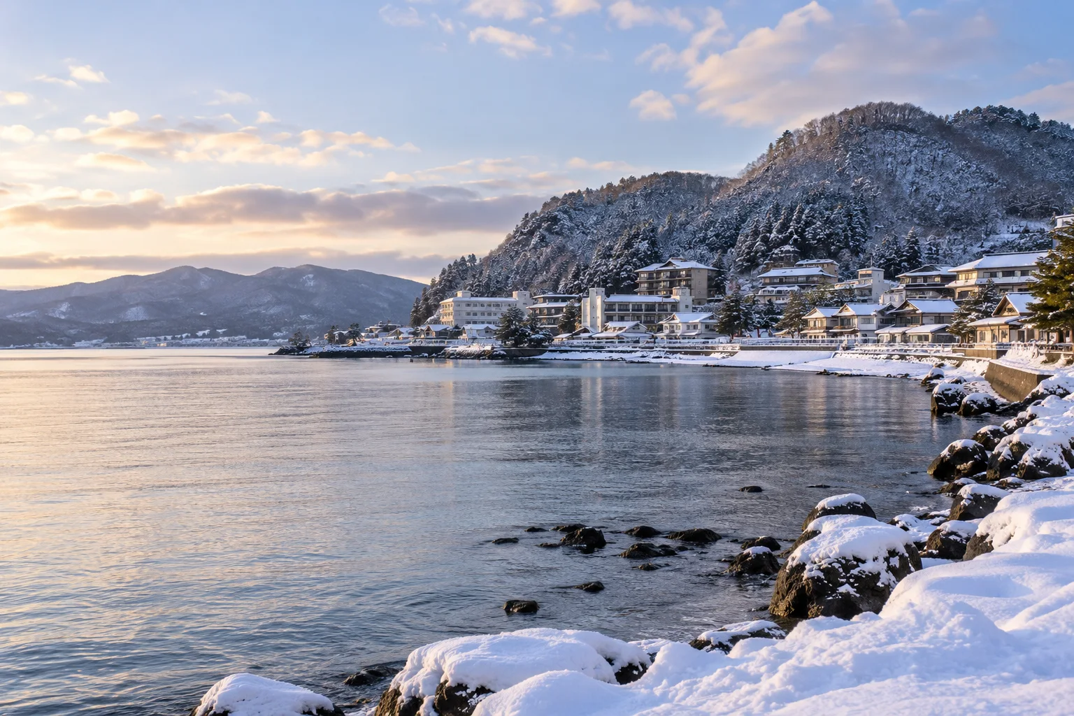 青森淺蟲溫泉冬季海岸與陸奧灣