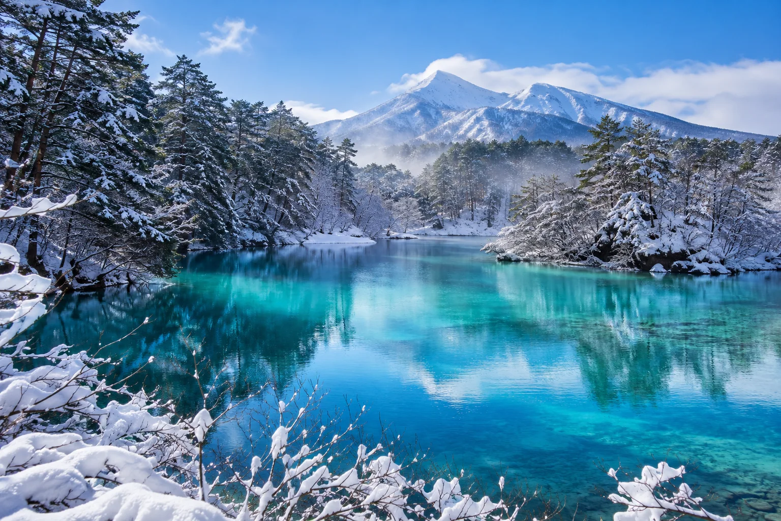 福島五色沼冬季藍綠色湖水與雪林