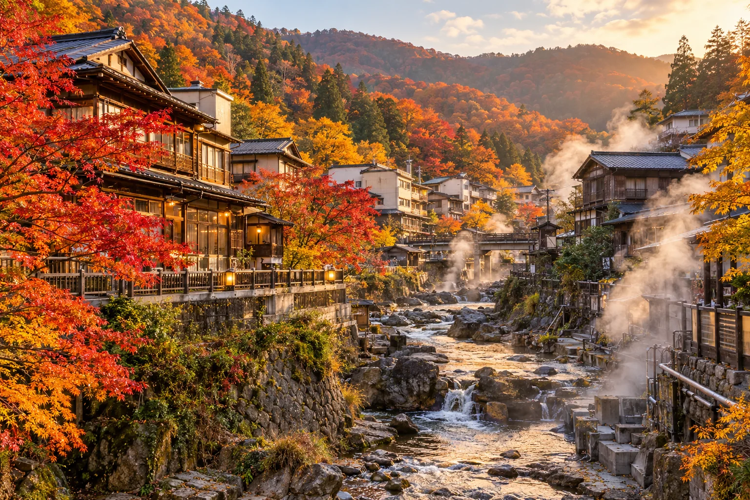 宮城鳴子溫泉秋楓與傳統旅館街