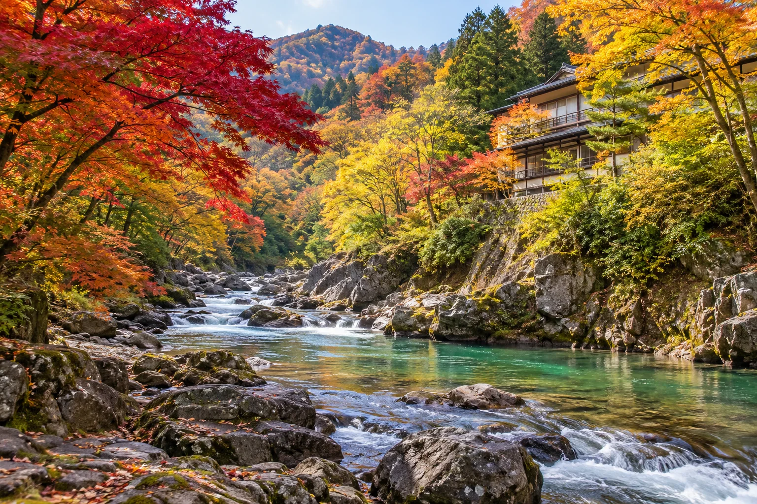 秋保溫泉秋季溪畔旅館與楓葉