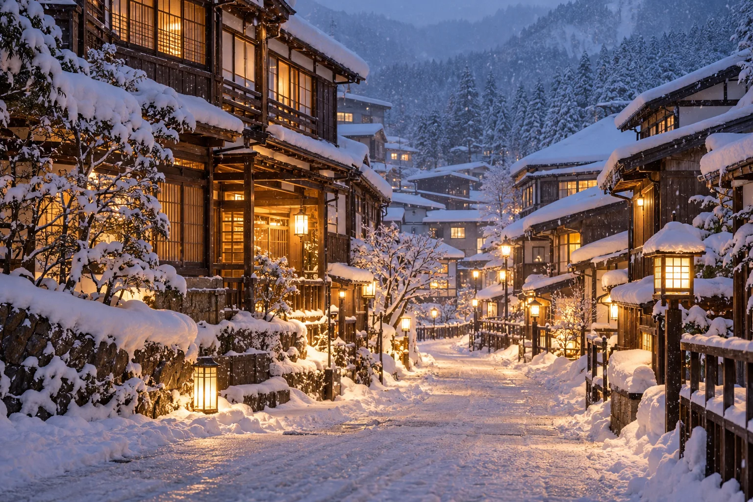 藏王溫泉冬季雪街與暖色燈火