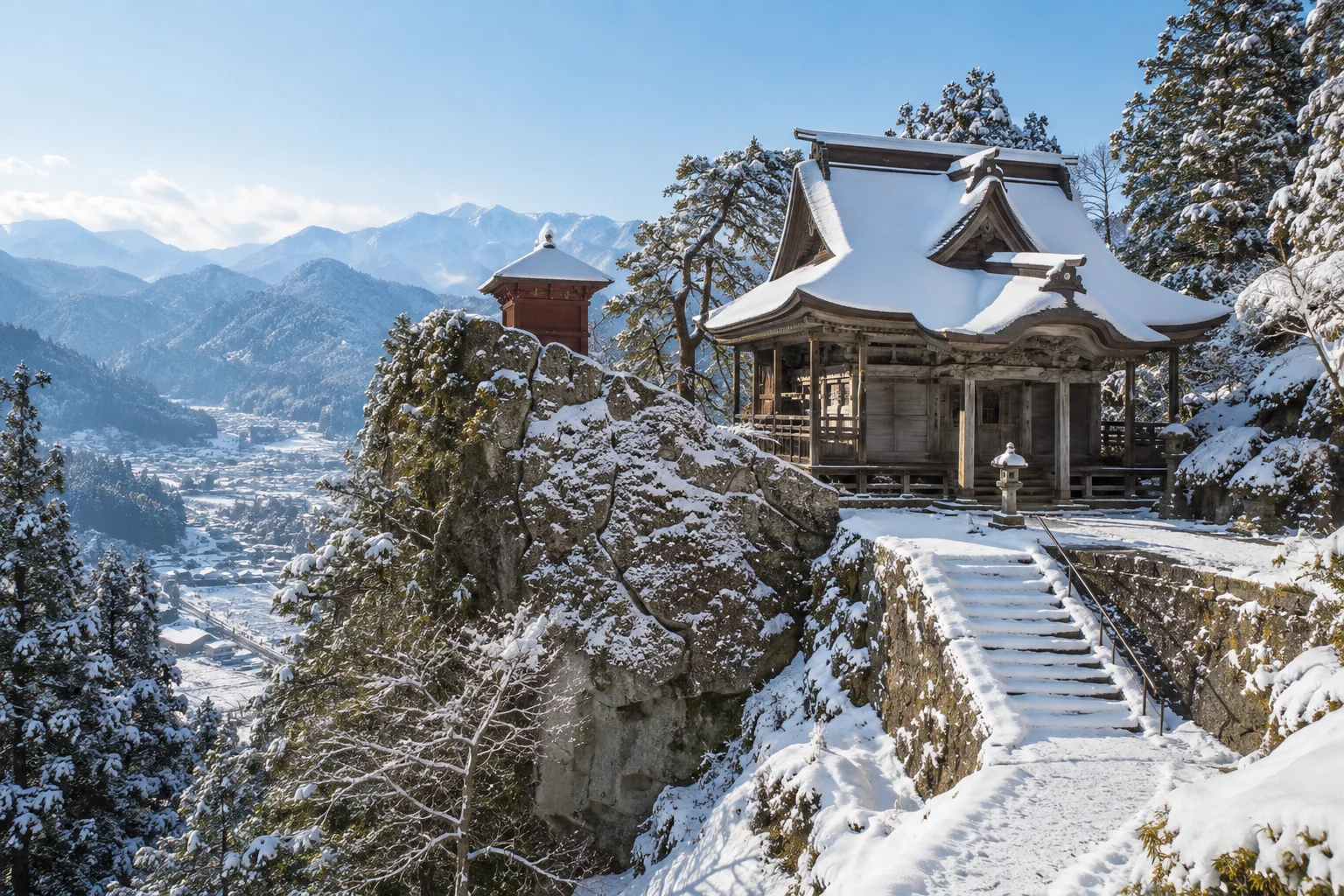 山形立石寺冬季雪中寺院與山林