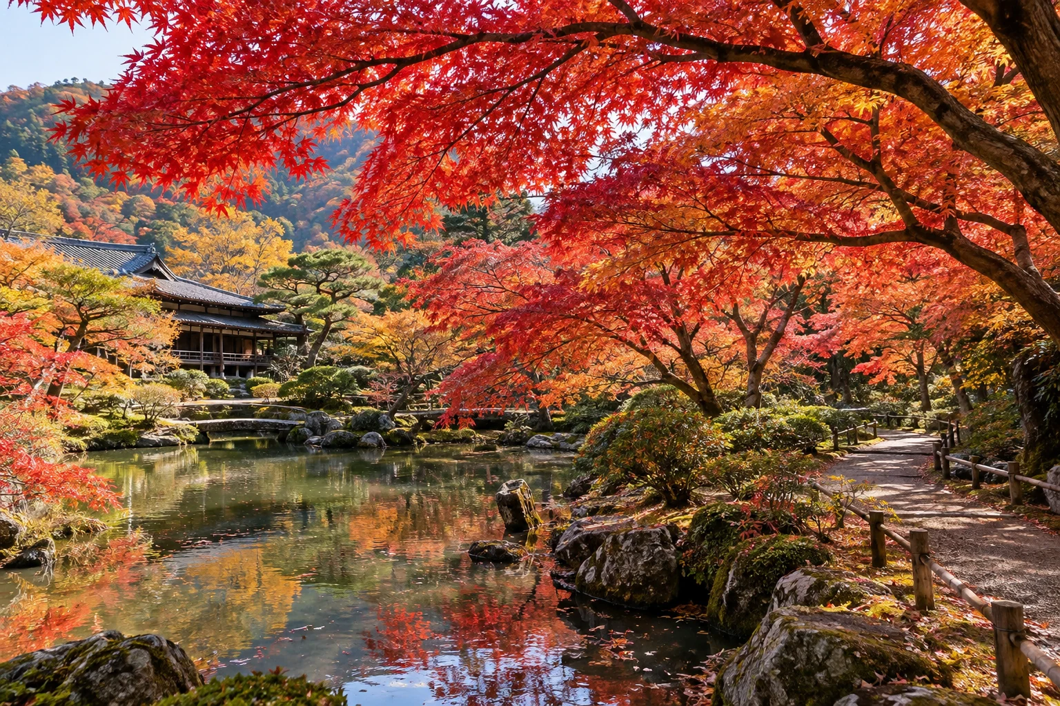 日式庭園池畔紅葉景色
