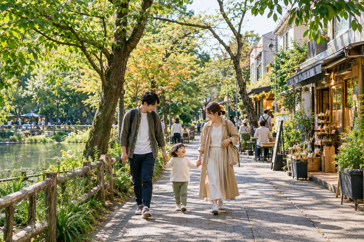 東京公園湖畔與親子散步情境