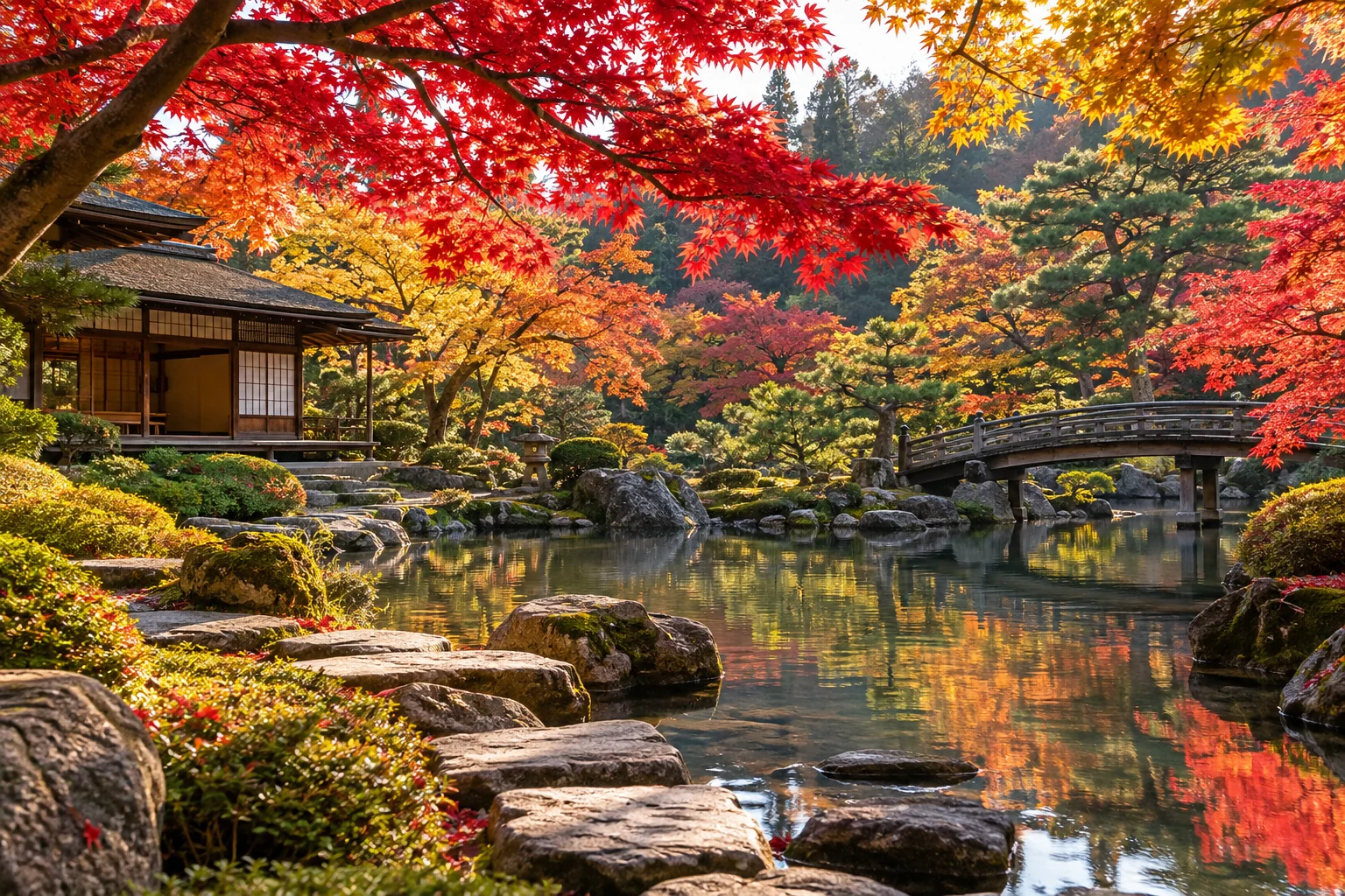 日式池泉庭園的靜謐景致